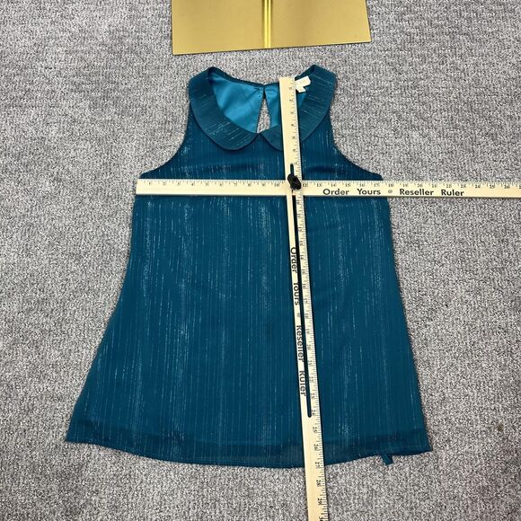 ModCloth Top Womens Small Teal Peter Pan Collar Metallic Belted Blouse Mod Retro - Picture 9 of 10
